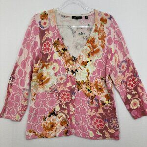 BCBGMaxAzria size XL Colorful Floral V Neck 3/4 Sleeve Soft Knit Button Cardigan